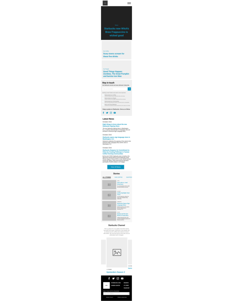 Low-fidelity mockup of a website on a small screen